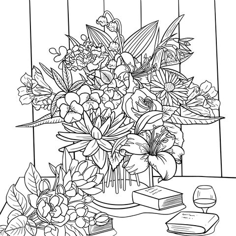 Colorful Flower - Arrangement Coloring Page: Vivid Flowers by Vase and Books