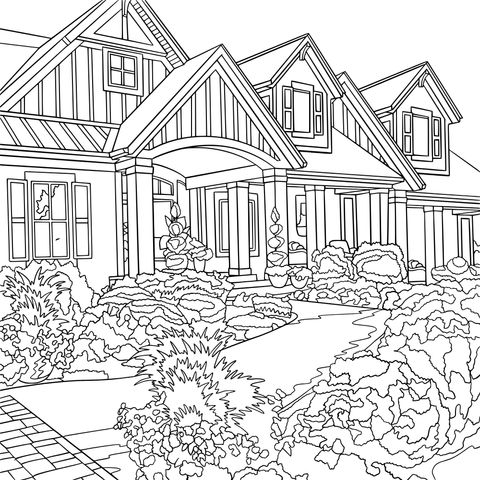 Beautiful House and Colorful Garden Coloring Page