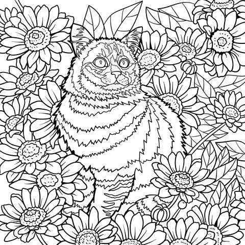 Página para colorear de gato y flores