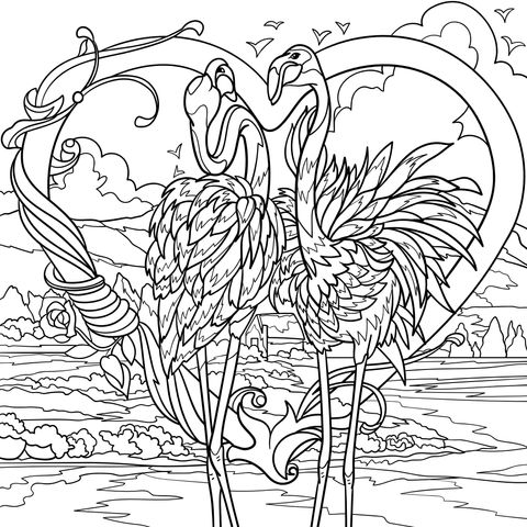 Romantic Flamingo Coloring Page: Dreamy Scene Surrounded by a Heart