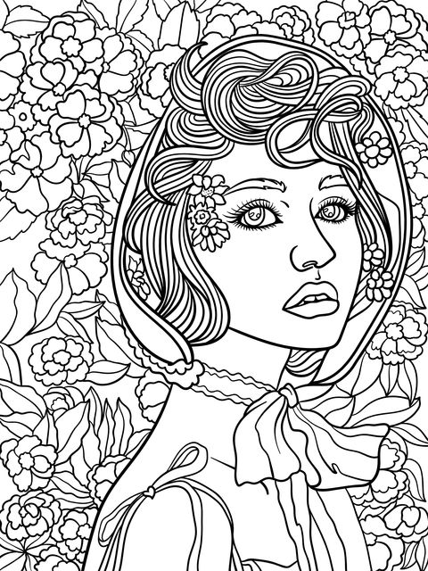 Coloring Page of a Lady Surrounded by Flowers