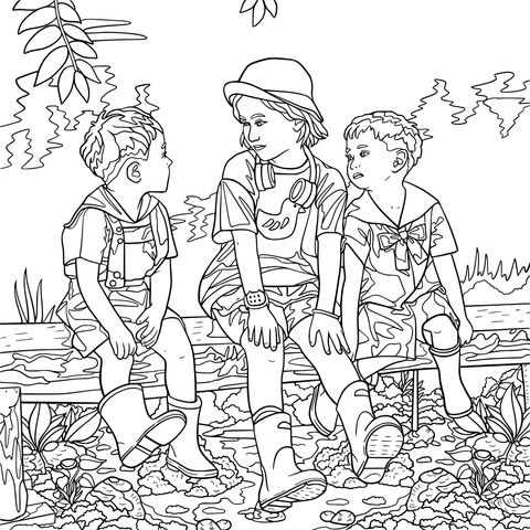 Children talking while sitting on a log