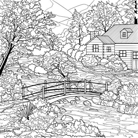 Autumn Cabin Landscape Coloring Page