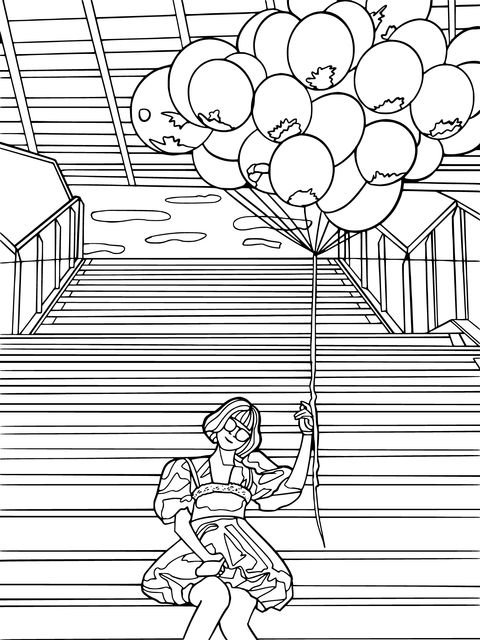 Chica sentada en las escaleras con globos