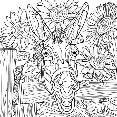 Página de colorear de un burro adorable y girasoles