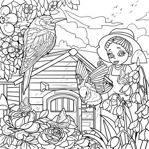 Idyllic Children's Coloring Page: A Girl's Garden Adventure with Birds