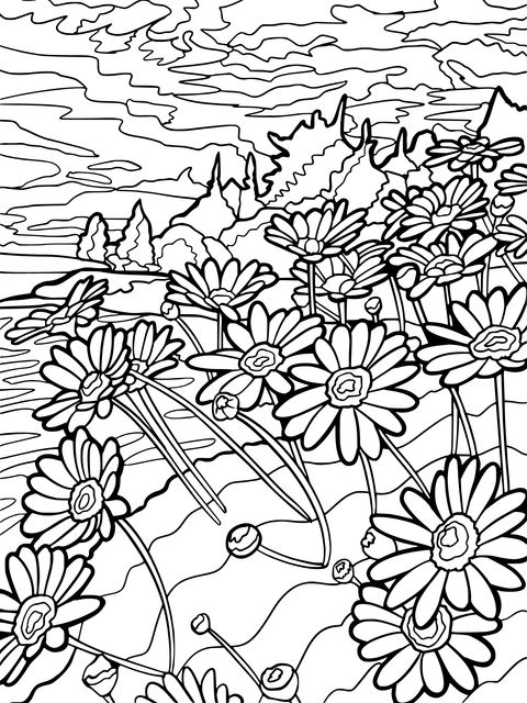 Beautiful Flower and Natural Landscape Coloring Page