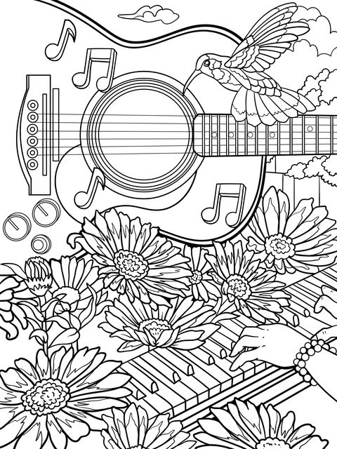 Cena musical com guitarra, flores e beija - flor