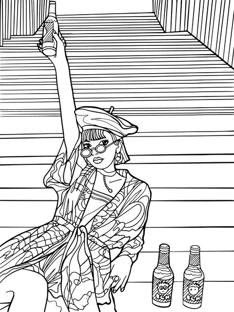 Fashionable Girl Holding a Bottle Coloring Page