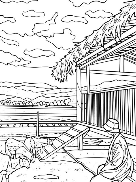 Pastoral Sheep - herding Scene Coloring Page