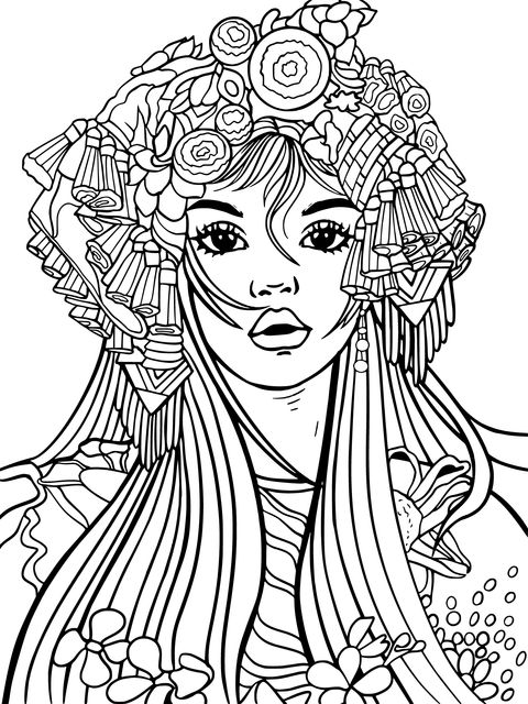 Female Coloring Page with Gorgeous Headwear