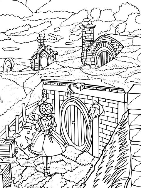 Fairytale - style Hobbit Village Coloring Page