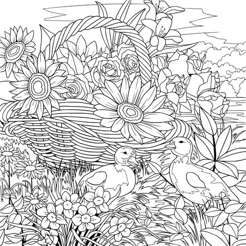 Coloring Page of a Flower Basket and Ducklings