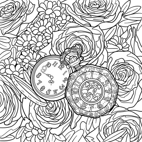 Página de Colorear de Flores y Reloj de Bolsillo