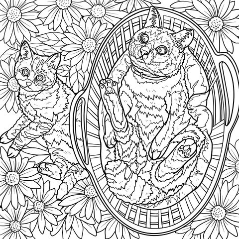 Página para colorir de gatos adoráveis e flores