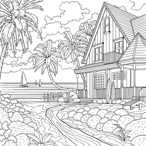 Seaside Vacation House Coloring Page