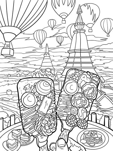 Colorful Hot - Air Balloons and Delicious Desserts Coloring Page