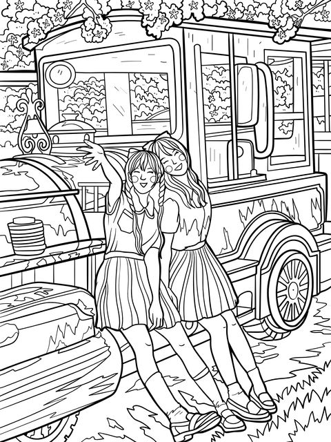 Coloring Page of Girls beside a Vintage Train