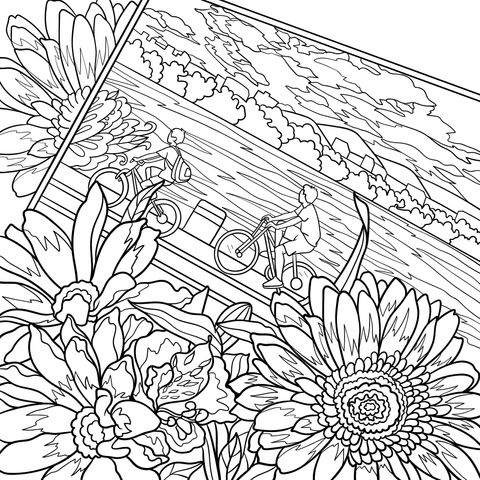 Flower and Biking Scene Coloring Page