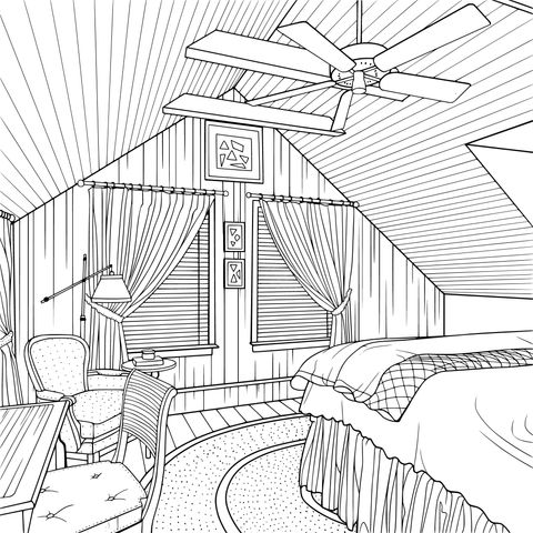 Cozy Attic Bedroom Coloring Page