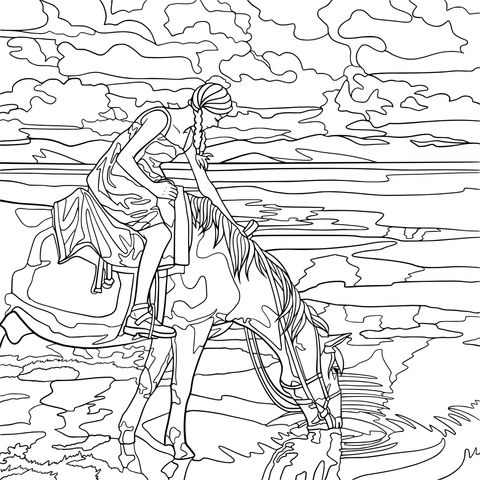 Coloring Page of a Woman Riding a Horse in a Scenic Landscape