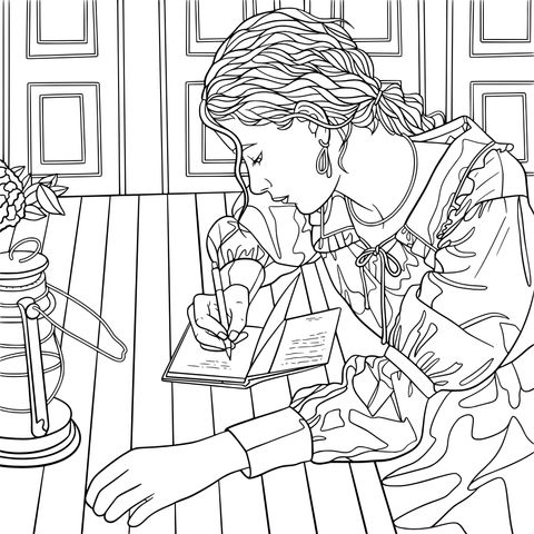 Woman writing at a desk, coloring page illustration