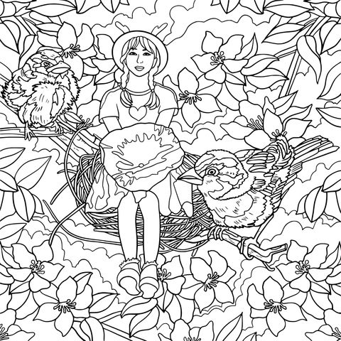 Girl and Birds in the Flower丛