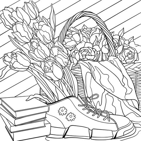 Combination of Flowers, Shoes and Books