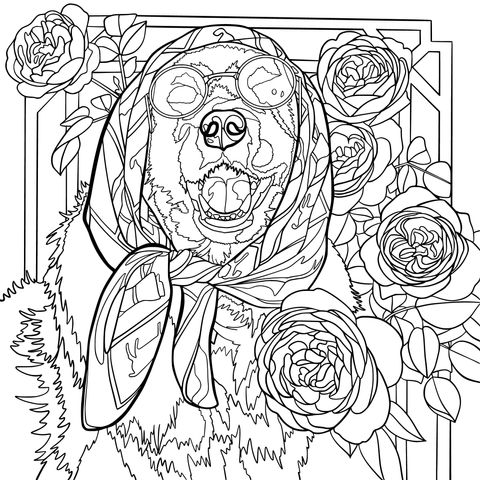 Dog Wearing Sunglasses and Scarf with Roses Coloring Page