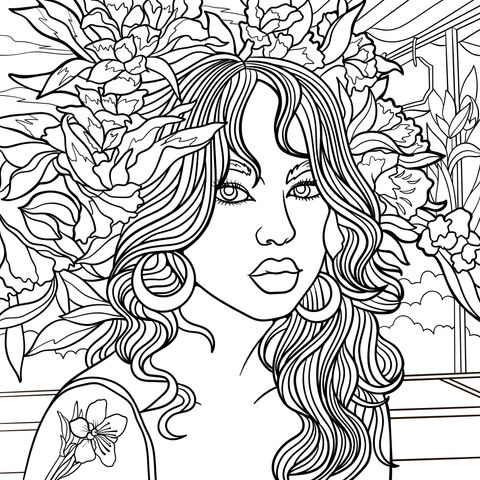 Beautiful Woman with Floral - themed Coloring Page