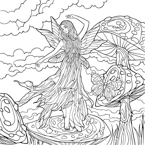 Dreamy Fairy in Mushroom Garden Coloring Page