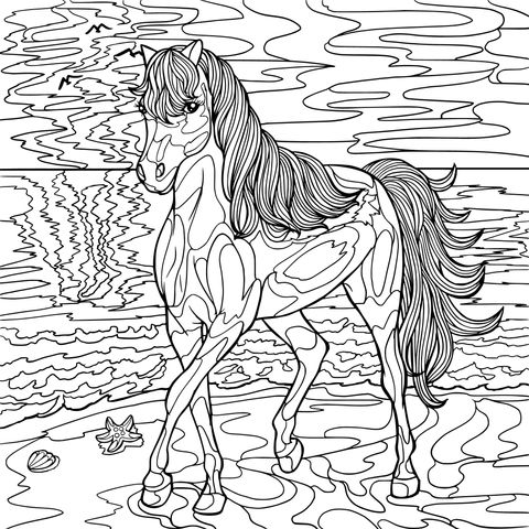 Coloring Page of a Horse on the Beach