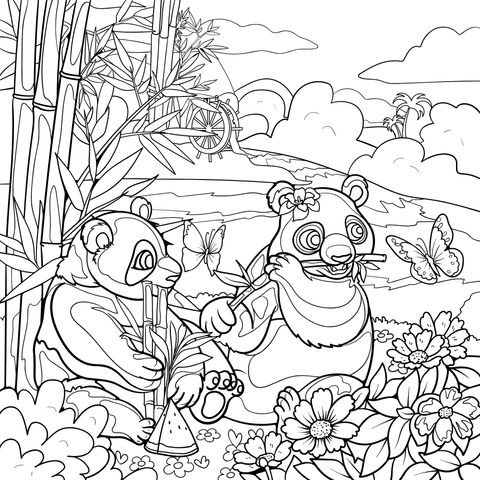 Página de Colorear con Adorables Pandas y Paisaje