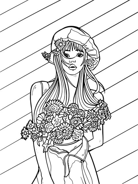 Fashionable Girl with Flowers Coloring Page