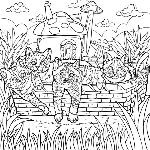 Página de colorear de gatos adorables y casa de setas