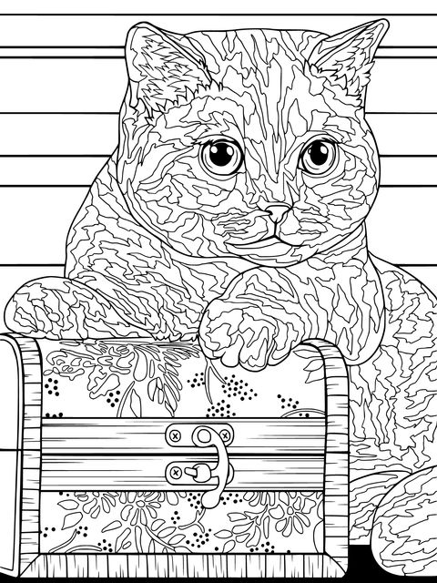 Cute Cat and Treasure Chest Coloring Page