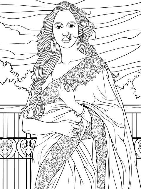 Coloring Page of a Woman in Sari