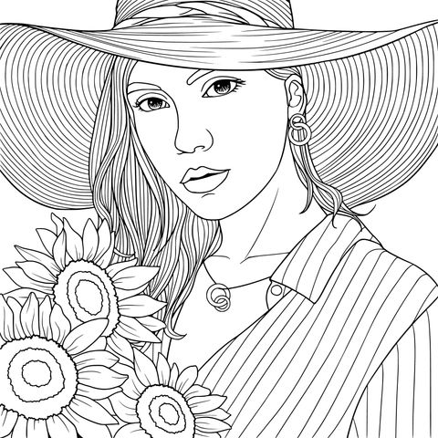 Fashionable Woman with Sunflowers Coloring Page