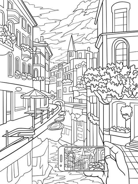 City Street Coloring Page: Capturing the Gorgeous Scenery with a Mobile Phone