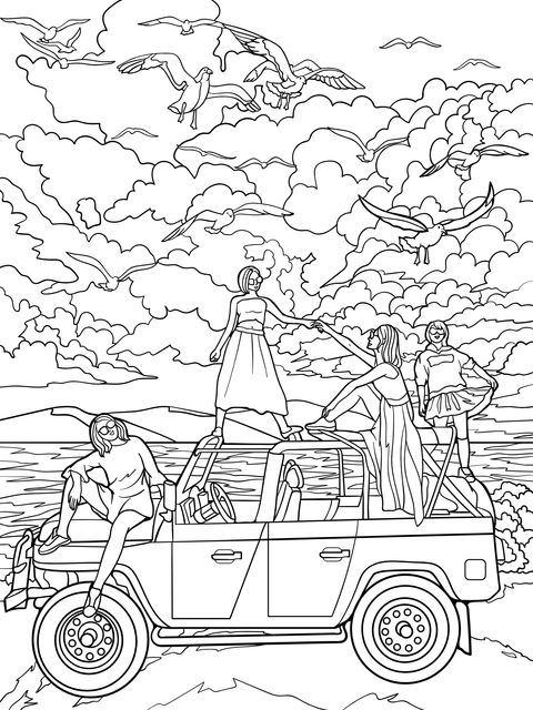 Coloring Page of Girls by the Seaside Next to a Jeep