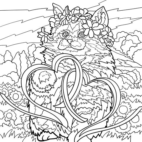 Cute Cat with Flower Wreath Coloring Page