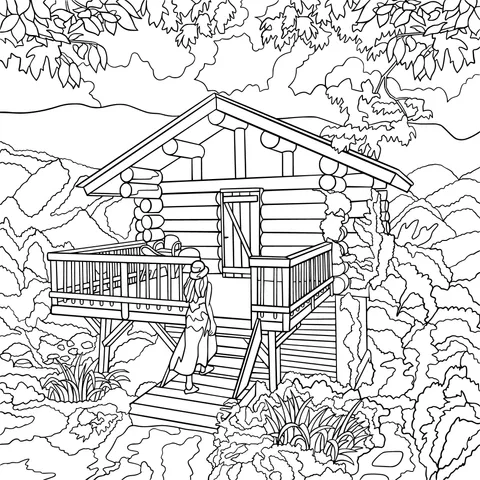 Woman in front of a mountain cabin
