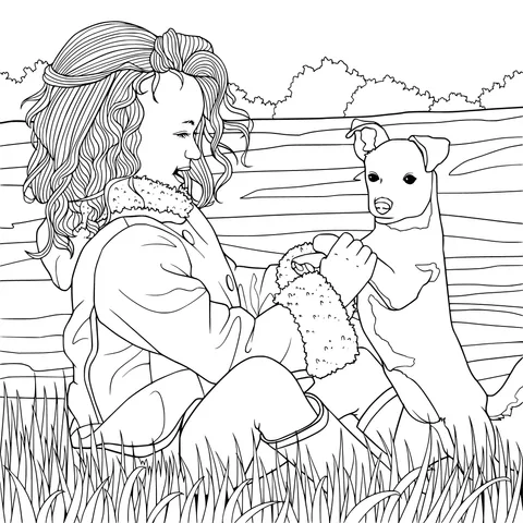 Interaction between a girl and a puppy