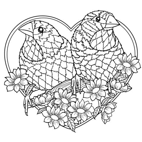 Two Birds in a Heart - shaped Flower Cluster