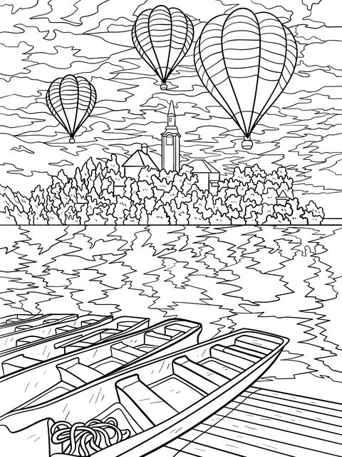 Beautiful Scene of Hot - air Balloons by the Lake