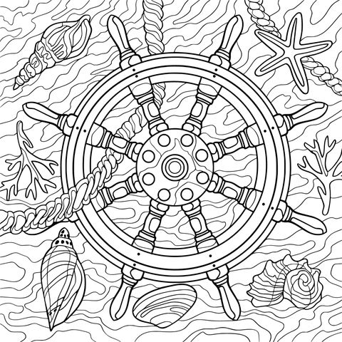 Illustration of a ship's wheel with a marine theme