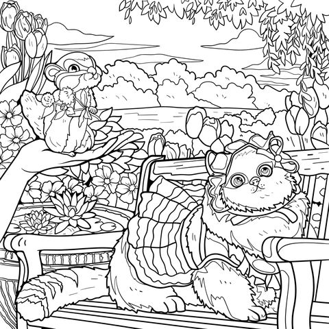 A Cat Resting in the Garden and a Squirrel Holding a Bouquet