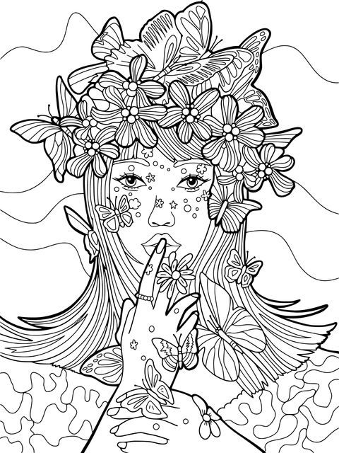 Dreamy Girl Surrounded by Butterflies and Flowers