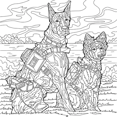 Two fully - equipped working dogs