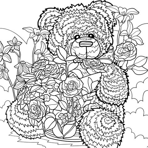 Teddy bear holding a bouquet of flowers